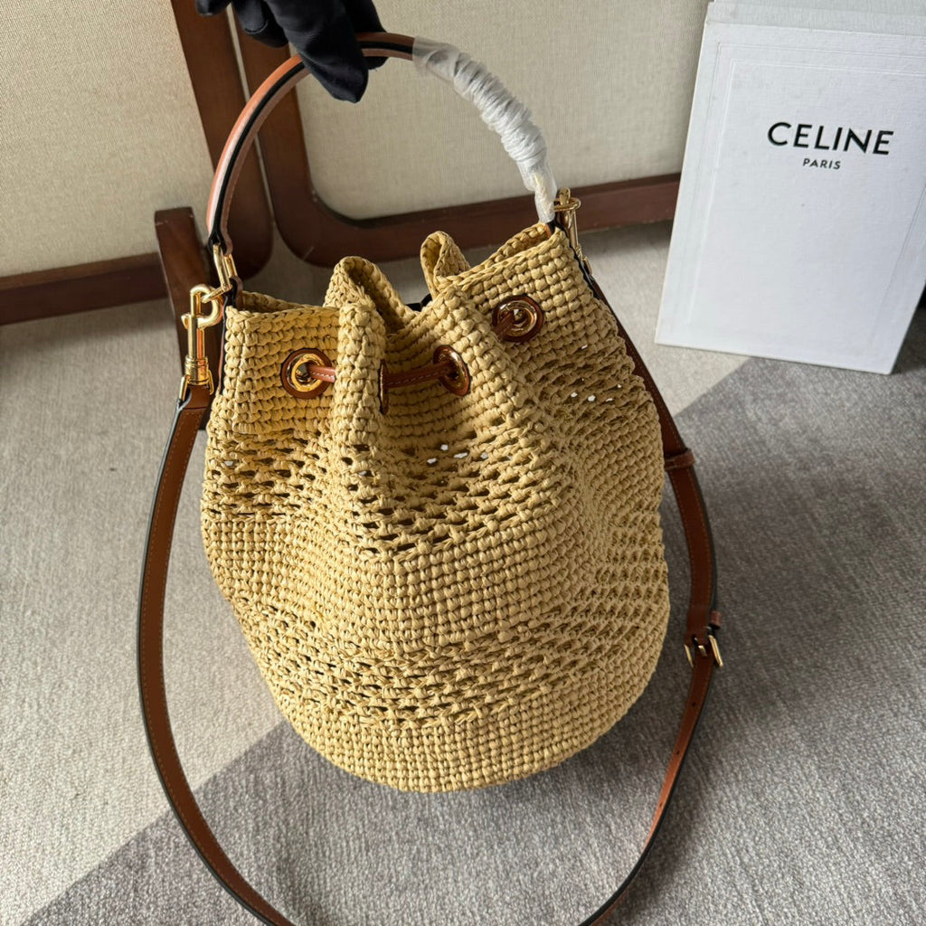 CELINE CLARA CLASSIC PANIER 25 IN BEIGE RAFFIA AND BROWN CALFSKIN