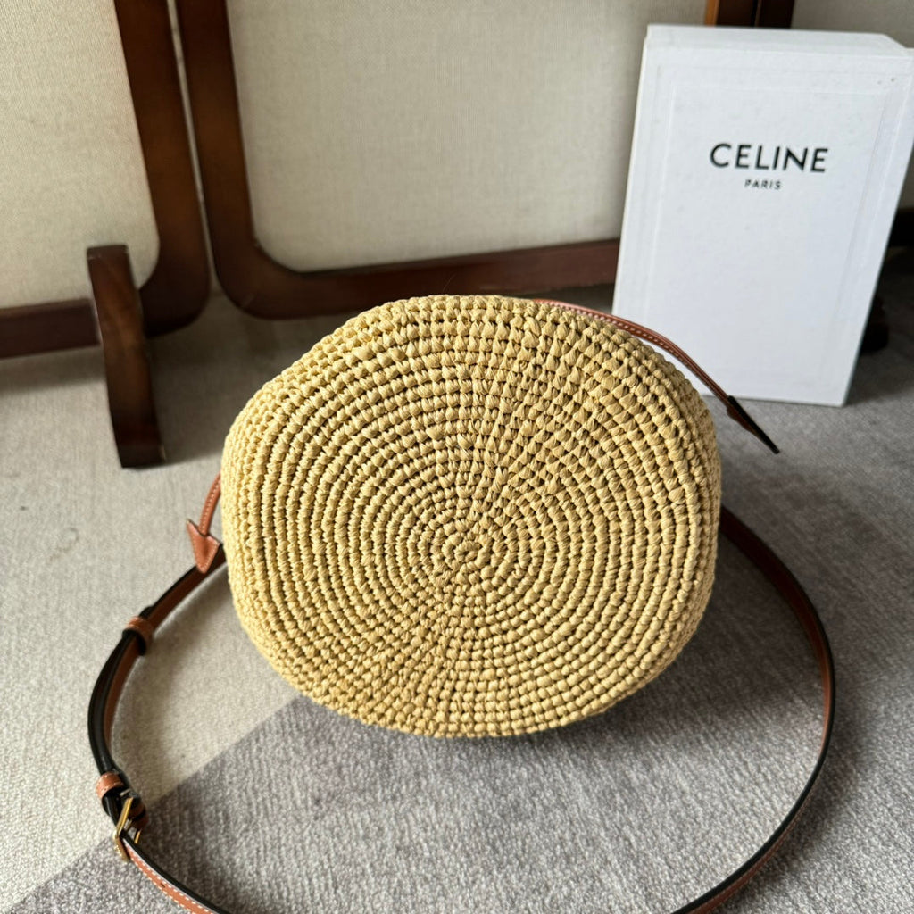 CELINE CLARA CLASSIC PANIER 25 IN BEIGE RAFFIA AND BROWN CALFSKIN