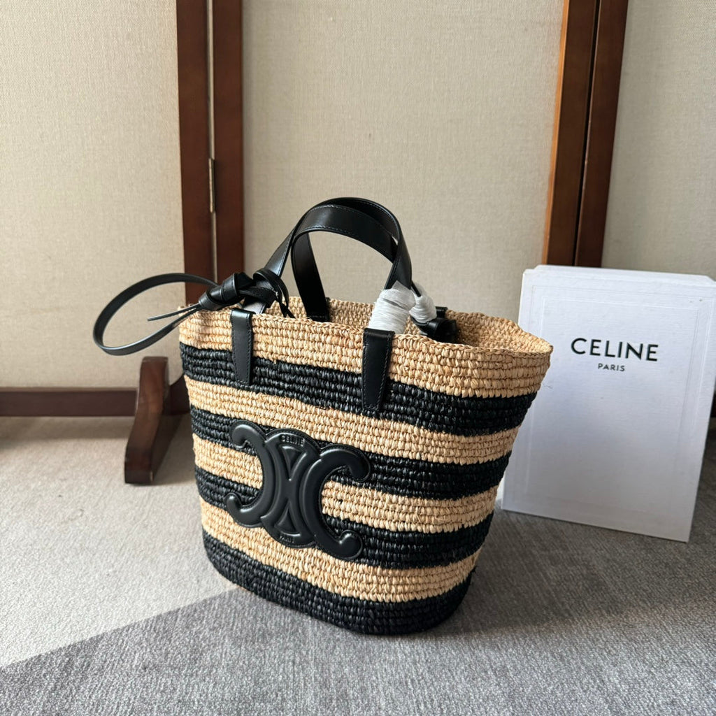 CELINE STRIPED COUFFIN CLASSIC PANIER 22 IN BEIGE AND BLACK RAFFIA AND CALFSKIN TRIM