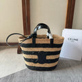 CELINE STRIPED COUFFIN CLASSIC PANIER 22 IN BEIGE AND BLACK RAFFIA AND CALFSKIN TRIM