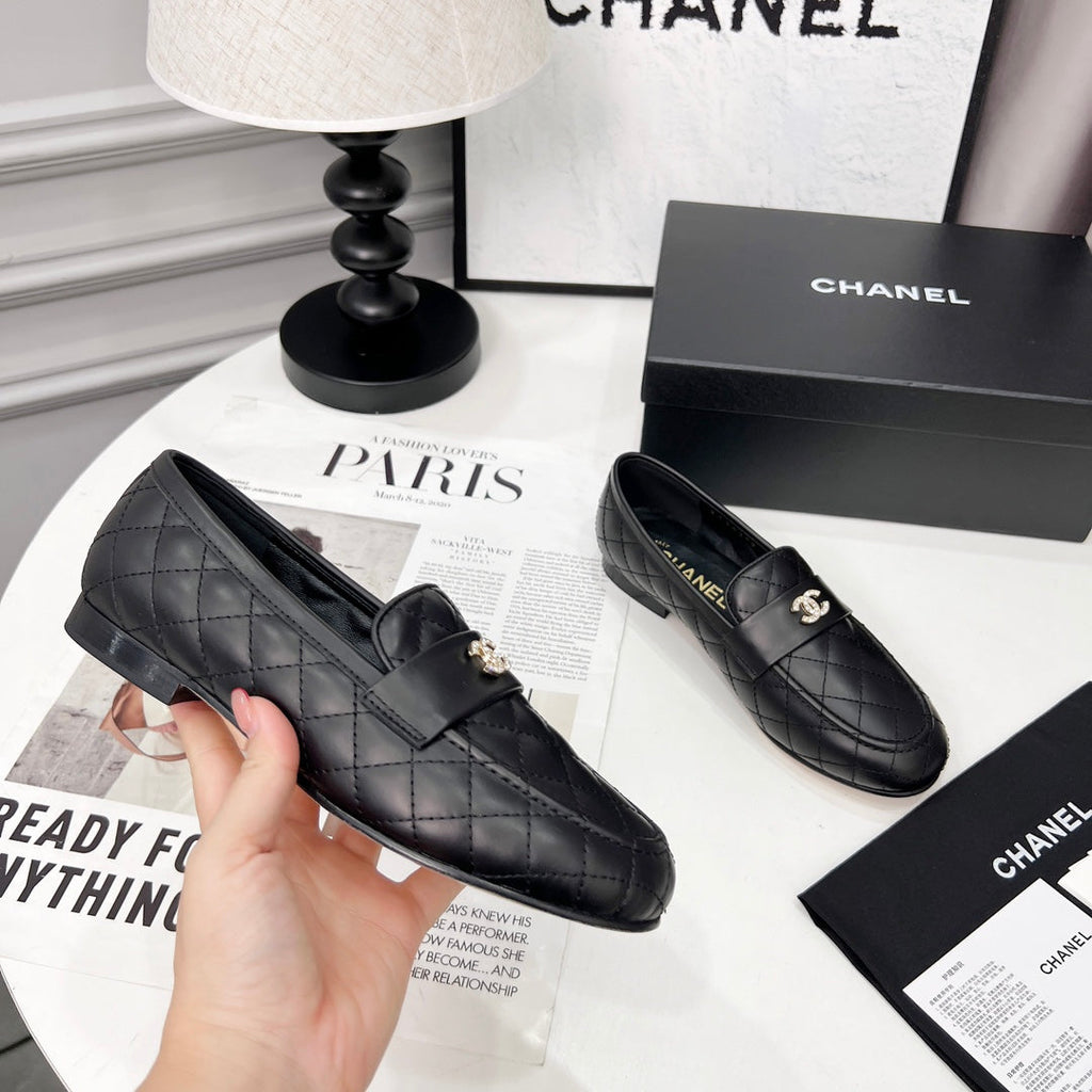 CHANEL 25S LOAFER DANCE SHOES IN BLACK CALFSKIN GOLD HARDWARE