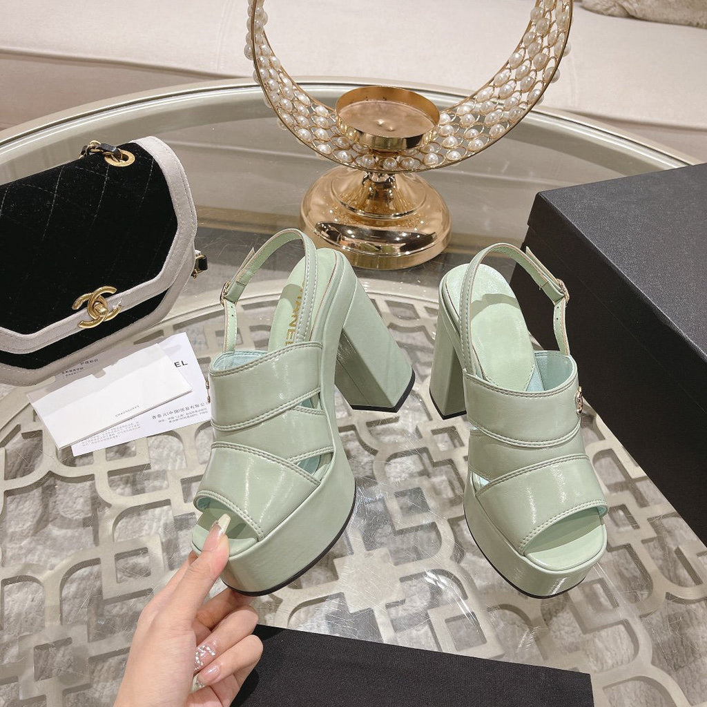 CHANEL sandals light turquoise patent crumpled lambskin