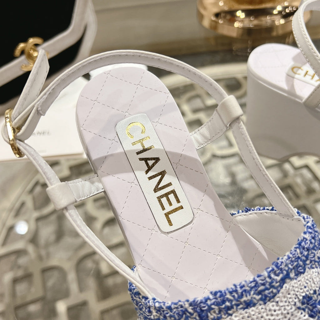 CHANEL WEDGE SANDALS IN SAPPHIRE BLUE FABRIC WITH WHITE LOGO