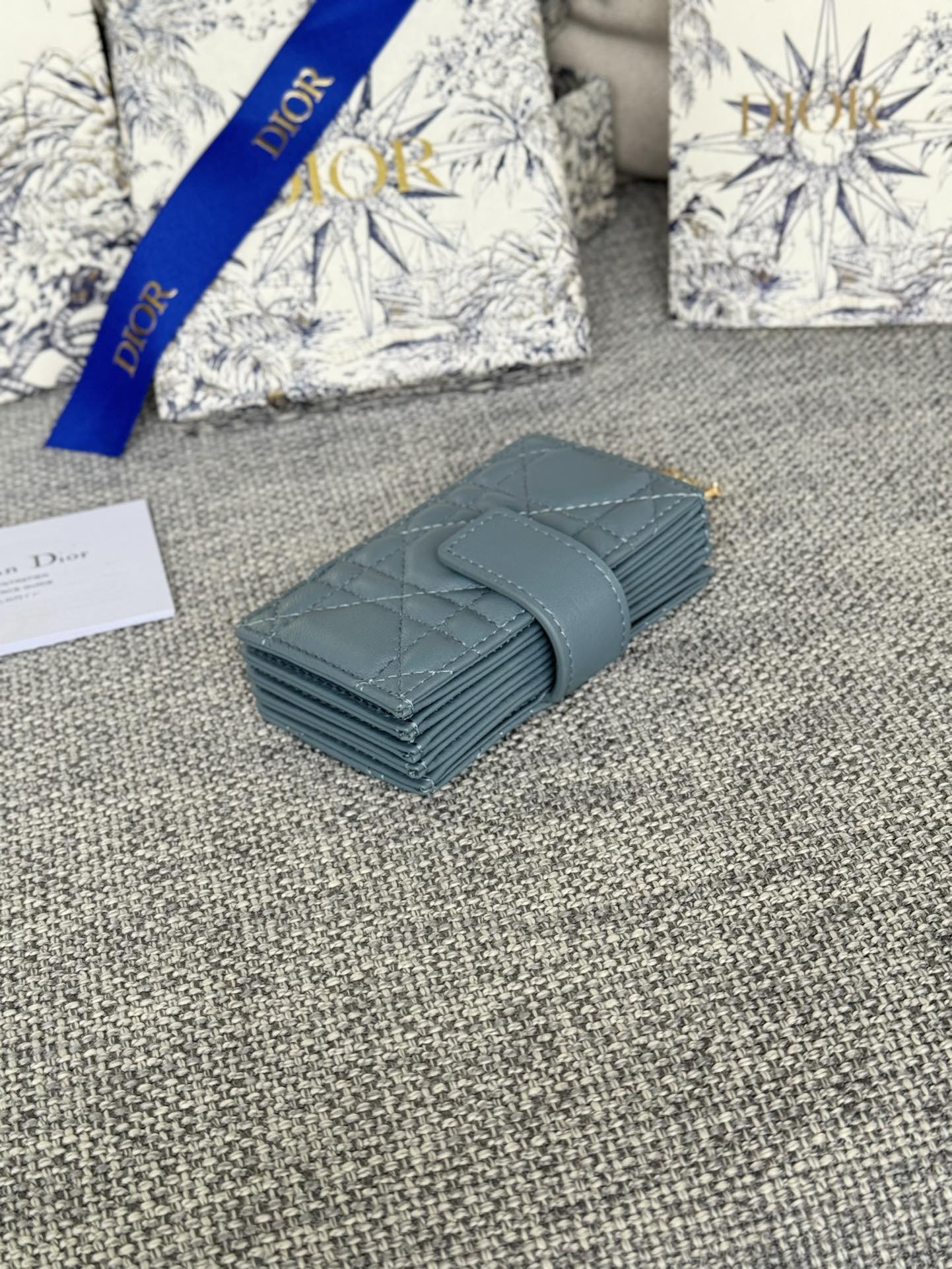 DIOR LADY JASMINE CARD HOLDER 10 IN SLATE GREY QUILTED PATENT CALFSKIN