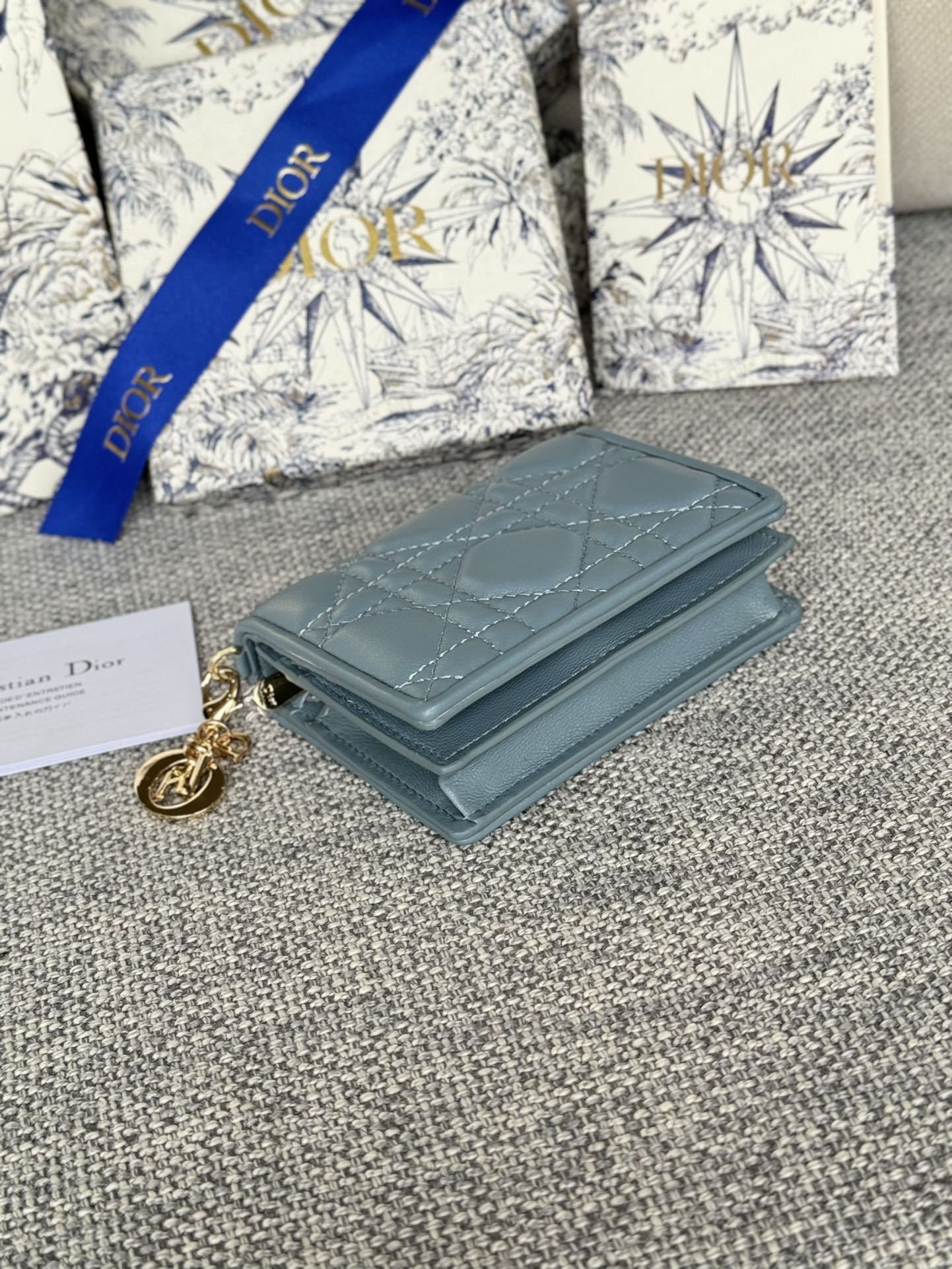 DIOR MINI LADY GARDENIA WALLET 11 IN SLATE GREY QUILTED CALFSKIN