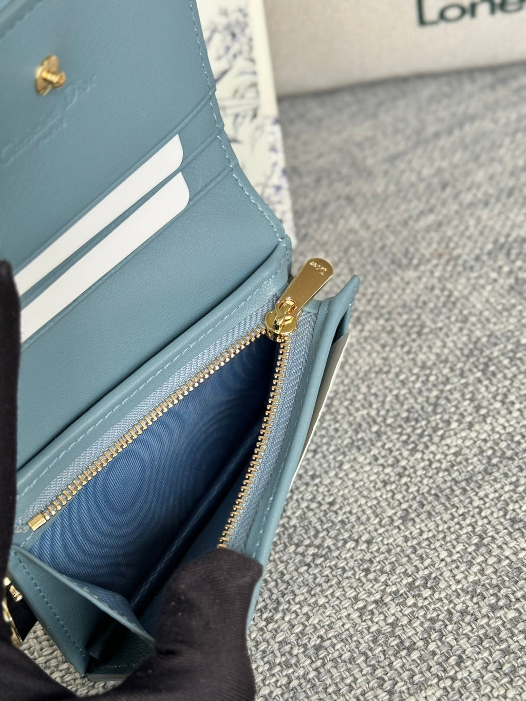 DIOR MINI LADY GARDENIA WALLET 11 IN SLATE GREY QUILTED CALFSKIN