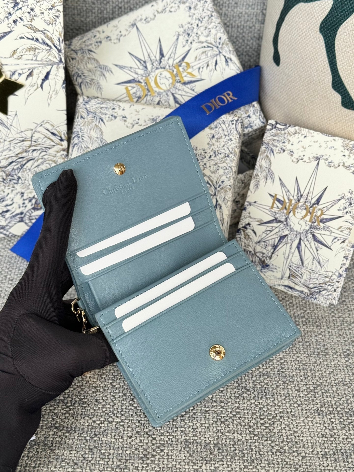 DIOR MINI LADY GARDENIA WALLET 11 IN SLATE GREY QUILTED CALFSKIN