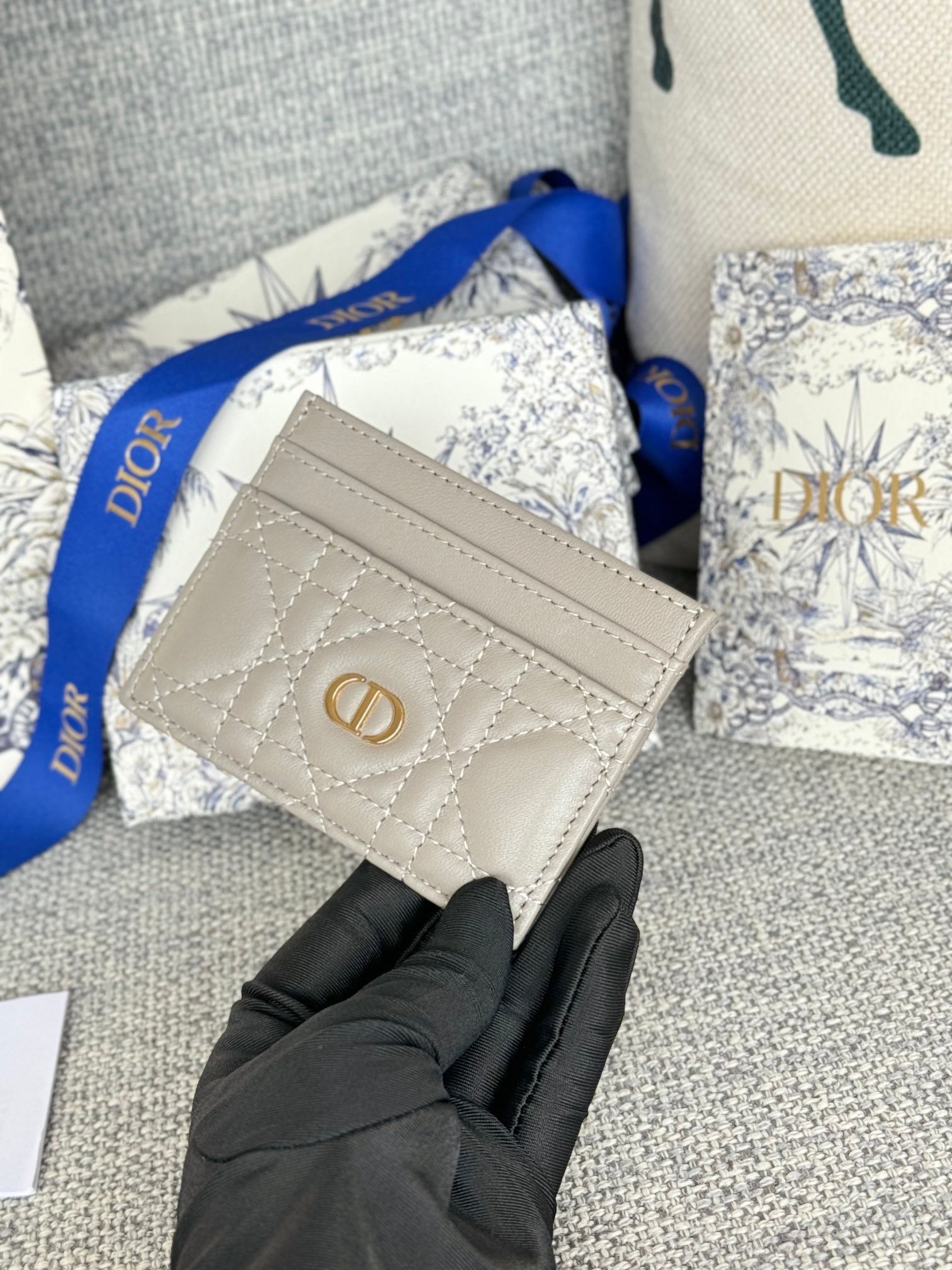 DIOR CARO FREESIA CARD HOLDER 10 IN LIGHT GREY CANNAGE CALFSKIN