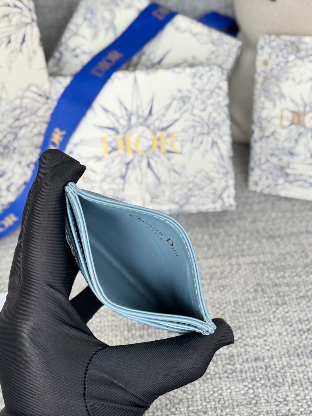 DIOR FREESIA CARD HOLDER 10 IN BABY BLUE QUILTED ALLOVER CALFSKIN