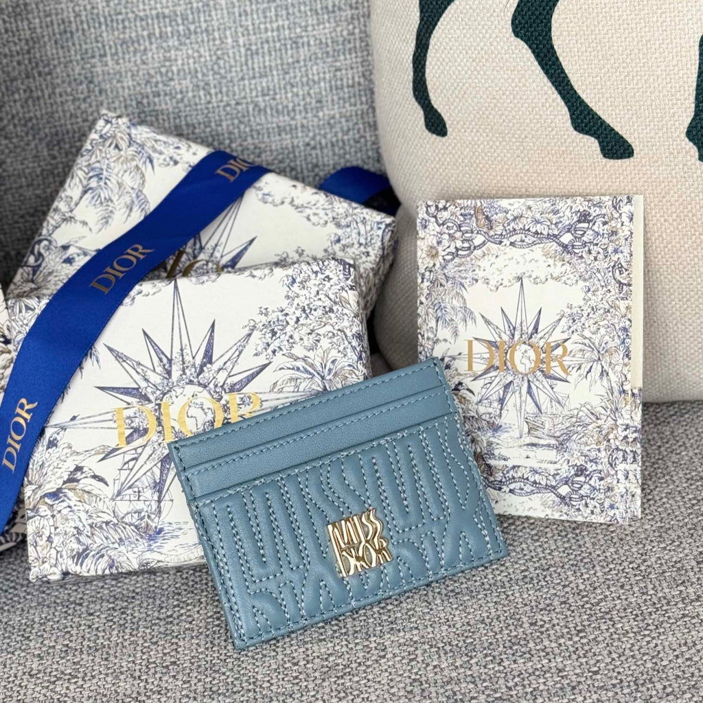 DIOR FREESIA CARD HOLDER 10 IN BABY BLUE QUILTED ALLOVER CALFSKIN