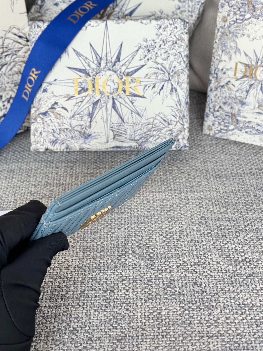 DIOR FREESIA CARD HOLDER 10 IN BABY BLUE QUILTED ALLOVER CALFSKIN