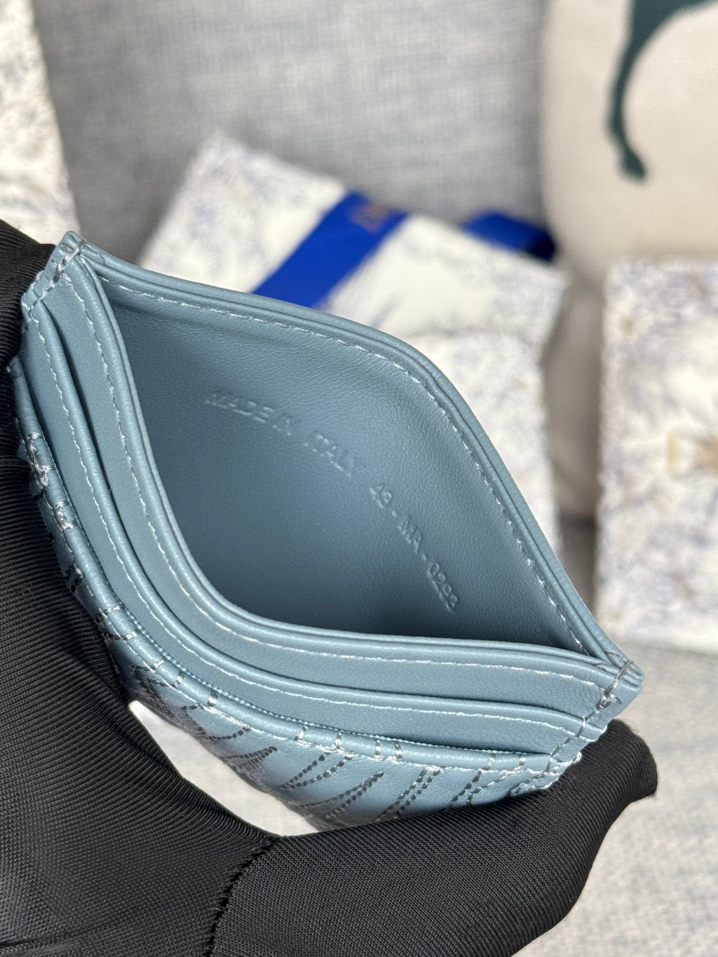 DIOR FREESIA CARD HOLDER 10 IN BABY BLUE QUILTED ALLOVER CALFSKIN