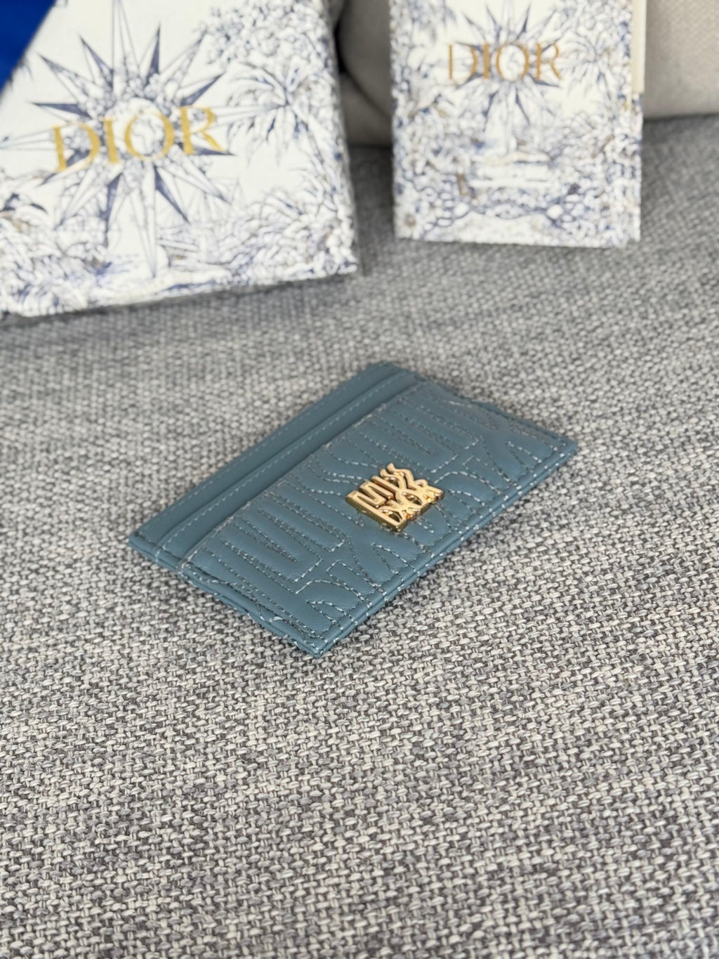 DIOR FREESIA CARD HOLDER 10 IN BABY BLUE QUILTED ALLOVER CALFSKIN