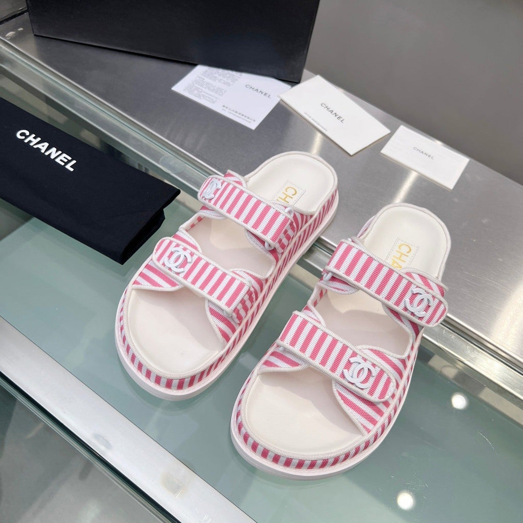 CHANEL Stripes Casual  Flat Sandals Light Pink White