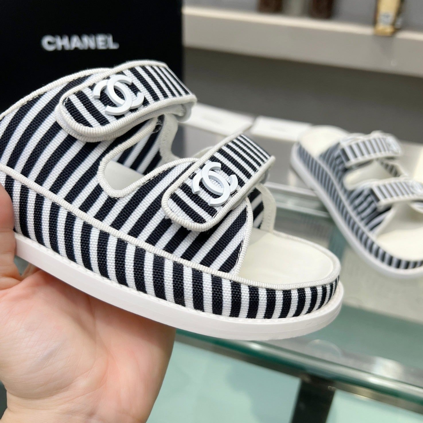 CHANEL Women's Stripes Casual  Flat Sandals Black White