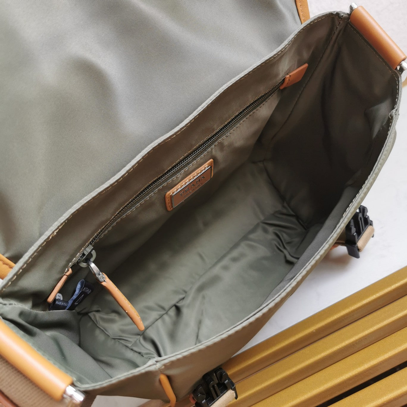 PRADA MESSENGER BAG 20 IN KHAKI GREEN RE-NYLON AND BROWN CALFSKIN TRIM