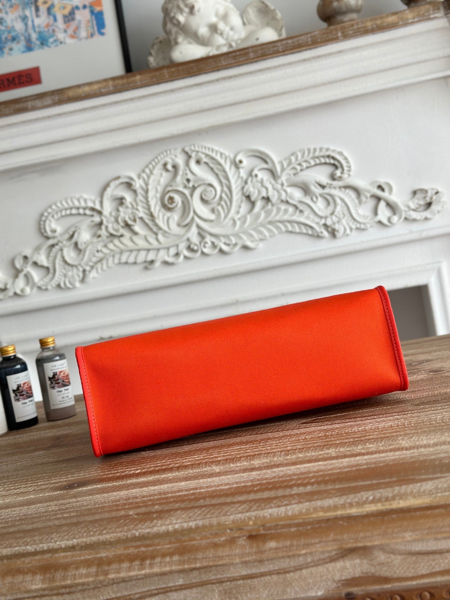 HERMES ZIP CABINE 31 BAG IN FIRE ORANGE CANVAS AND BRONZE BROWN CALFSKIN