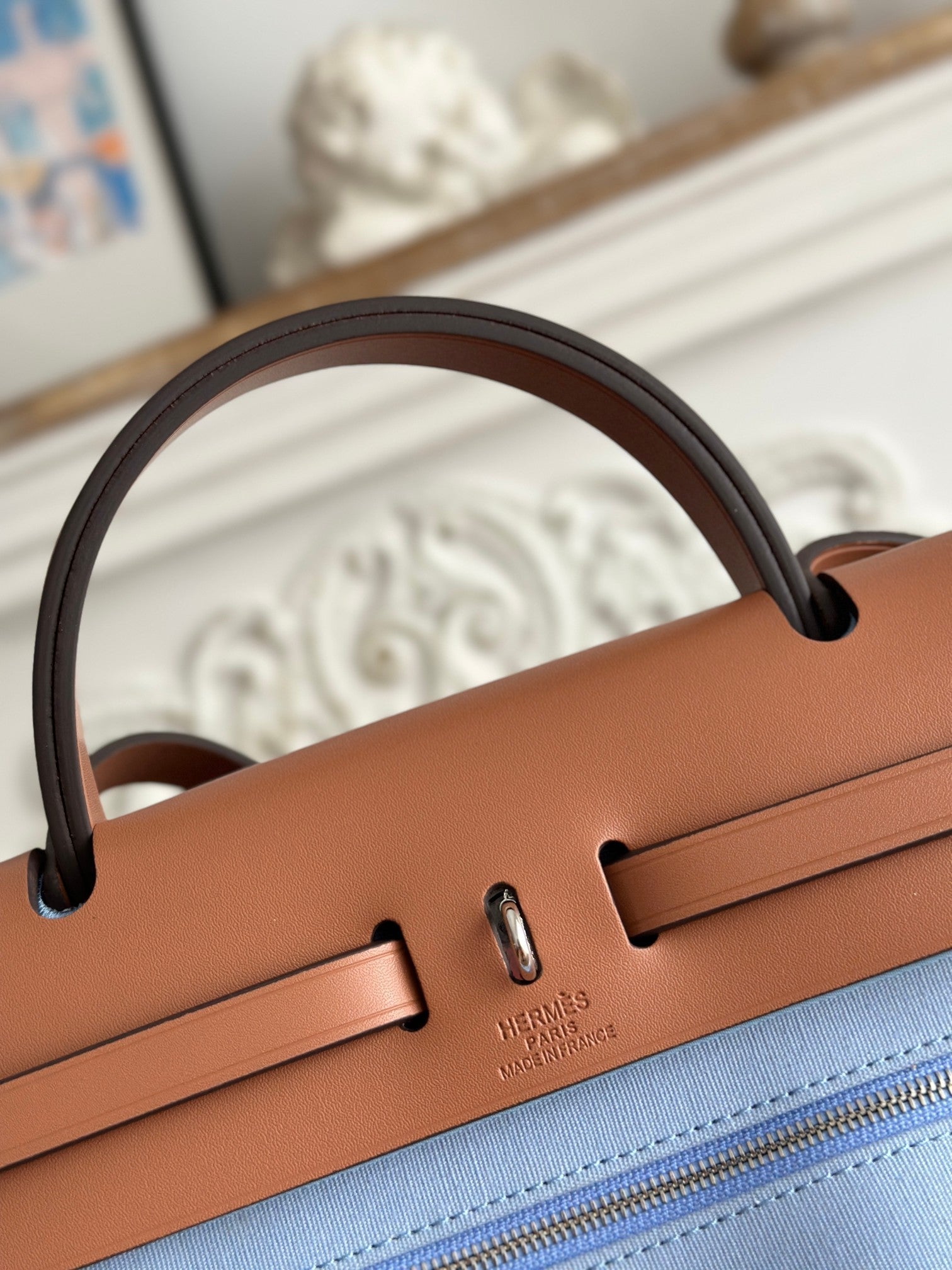 HERMES ZIP CABINE 31 BAG IN LIGHT BLUE CANVAS AND BRONZE BROWN CALFSKIN