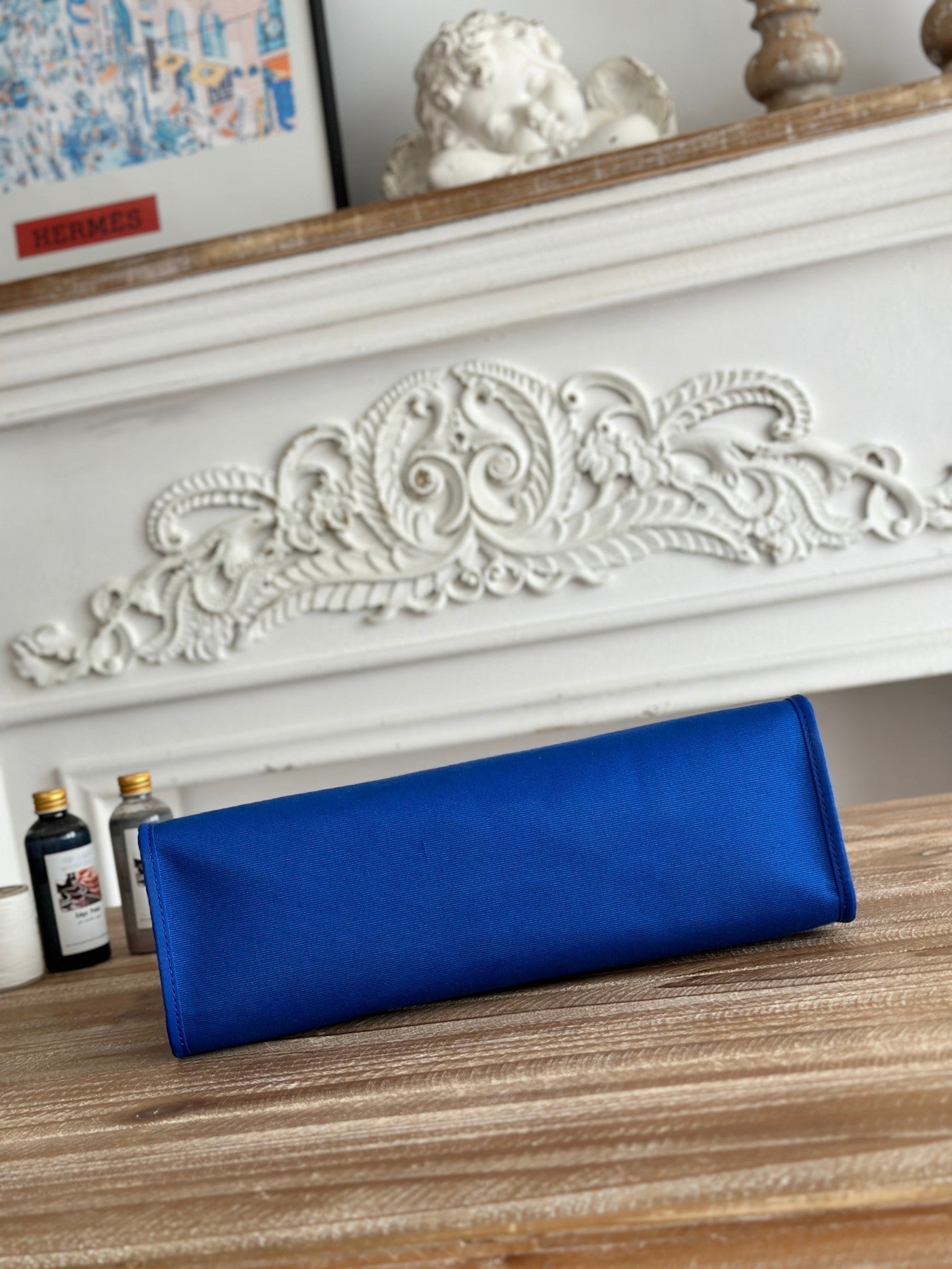 HERMES ZIP CABINE 31 BAG IN COBALT BLUE CANVAS AND BRONZE BROWN CALFSKIN