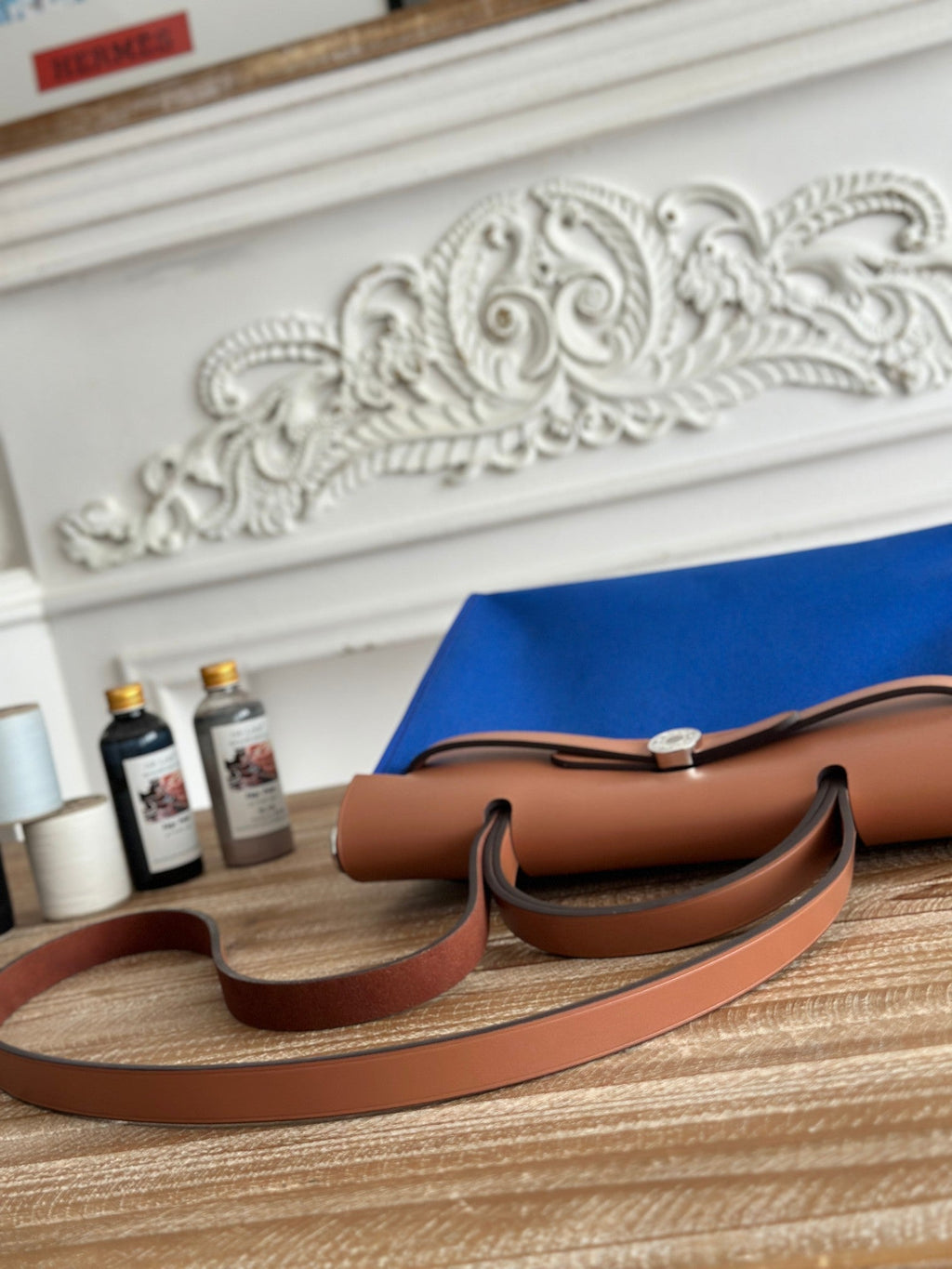 HERMES ZIP CABINE 31 BAG IN COBALT BLUE CANVAS AND BRONZE BROWN CALFSKIN