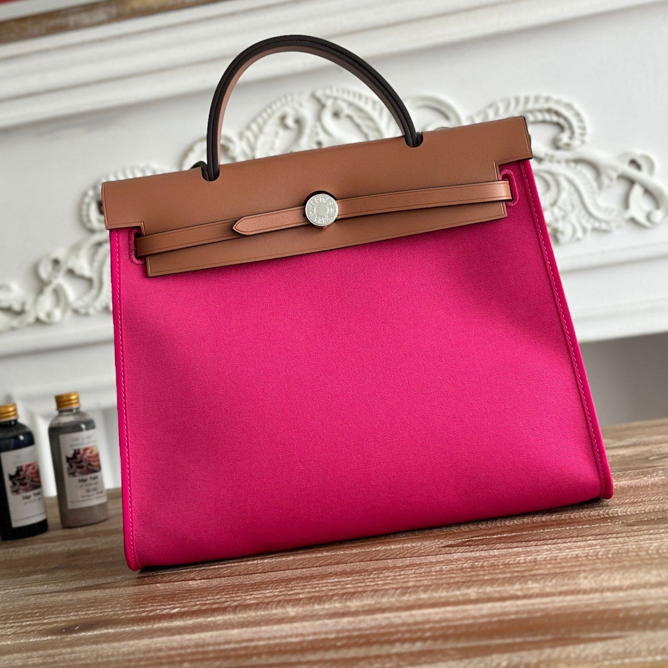 HERMES ZIP CABINE 31 BAG IN FUCHSIA PINK CANVAS AND BRONZE BROWN CALFSKIN
