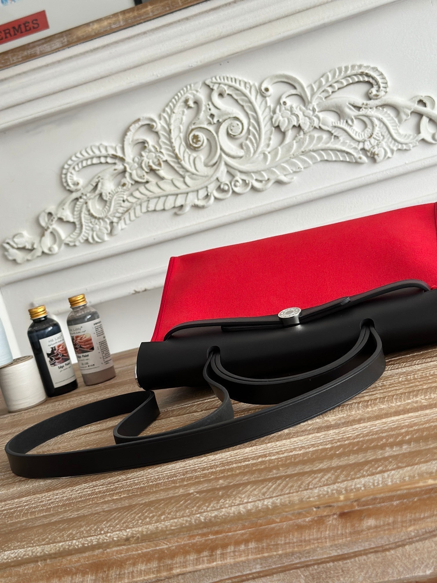 HERMES ZIP CABINE 31 BAG IN CLASSIC RED CANVAS AND BLACK CALFSKIN