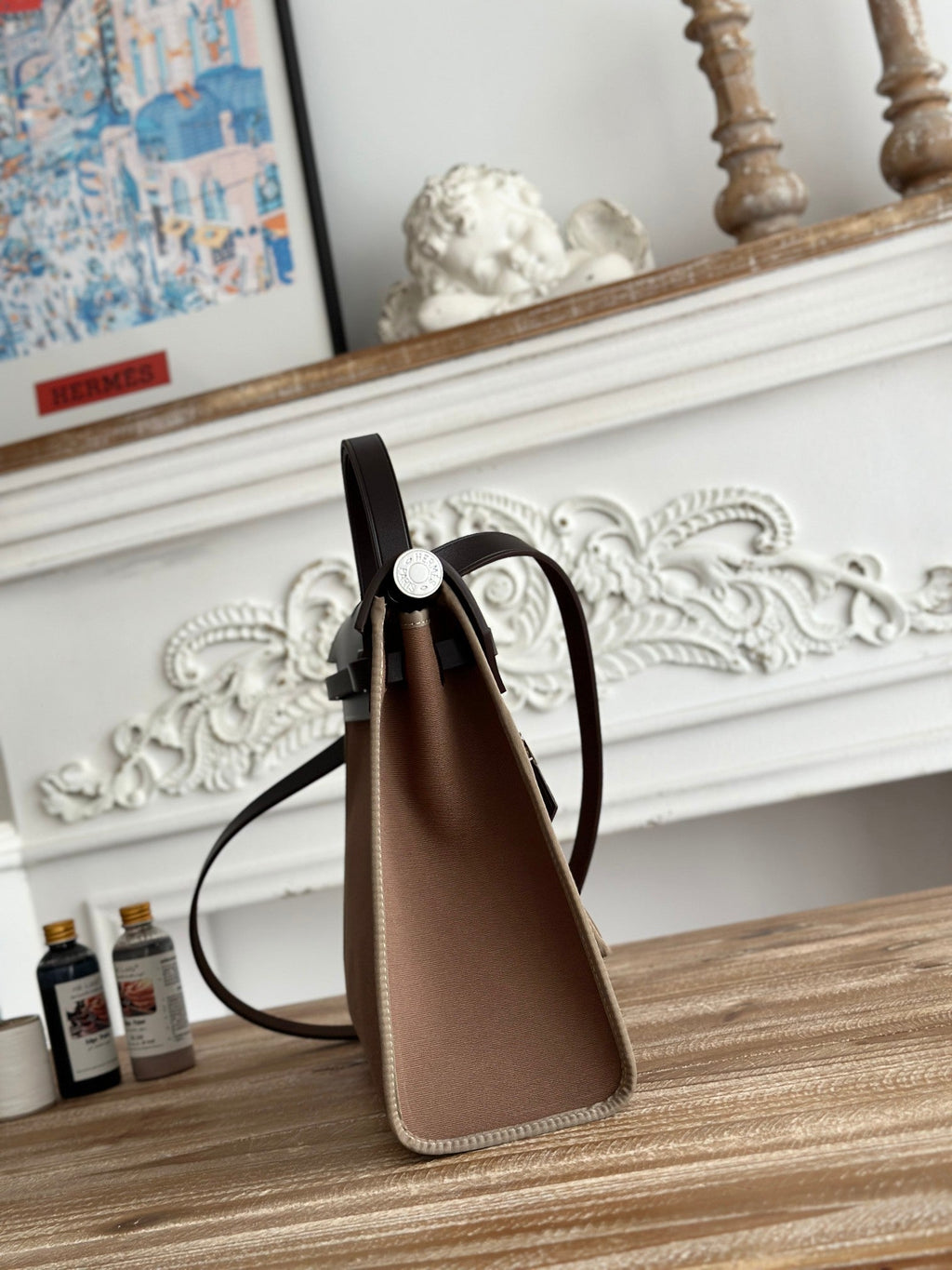 HERMES ZIP CABINE 31 BAG IN CHOCOLATE BROWN CANVAS AND BLACK CALFSKIN