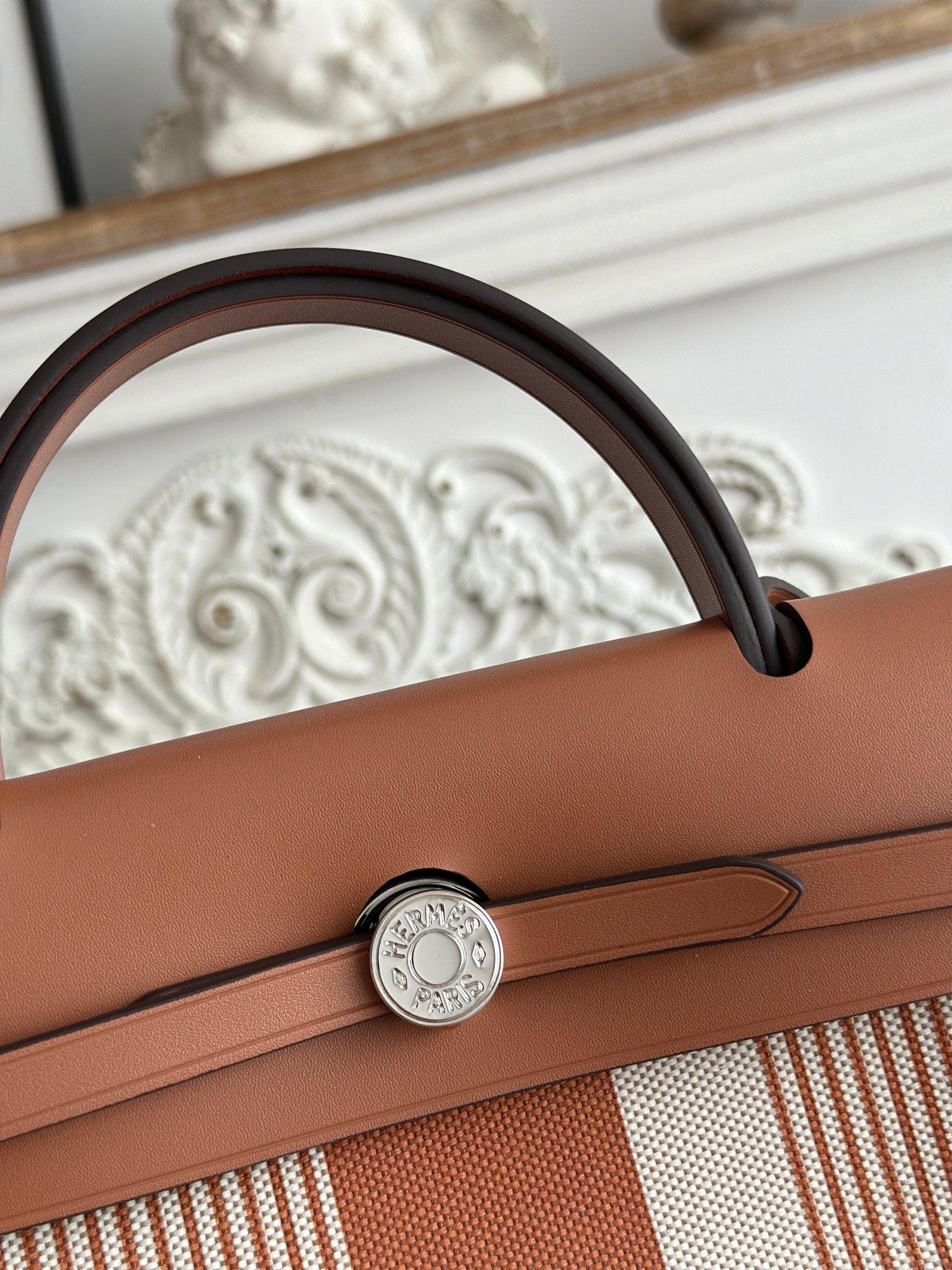 HERMES ZIP CABINE 31 BAG IN BRONZE BROWN MIX WHITE CANVAS AND CALFSKIN