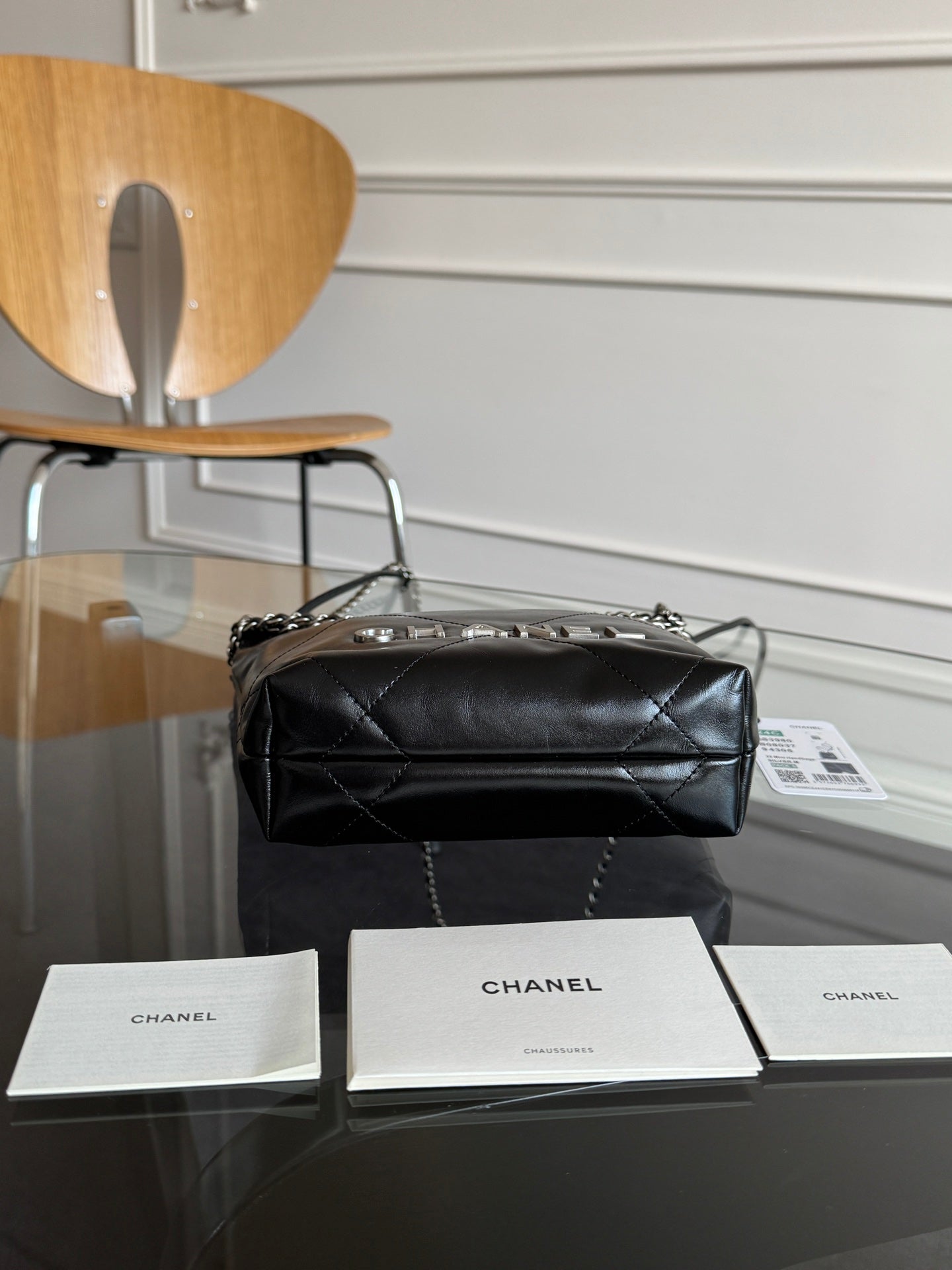 CHANEL MINI HOBO HANDBAG 20 IN BLACK CALFSKIN SILVER-TONE HARDWARE