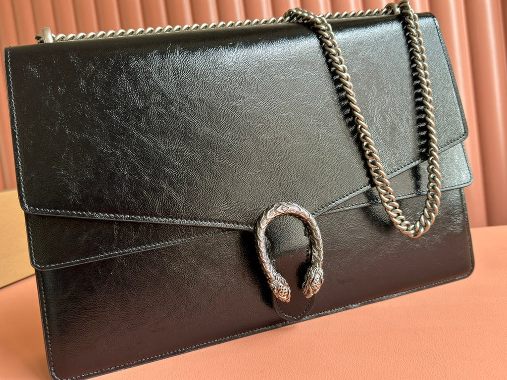GUCCI DIONYSUS LAGRE SHOULDER BAG 42 IN BLACK  GLOSSY LAMBSKIN