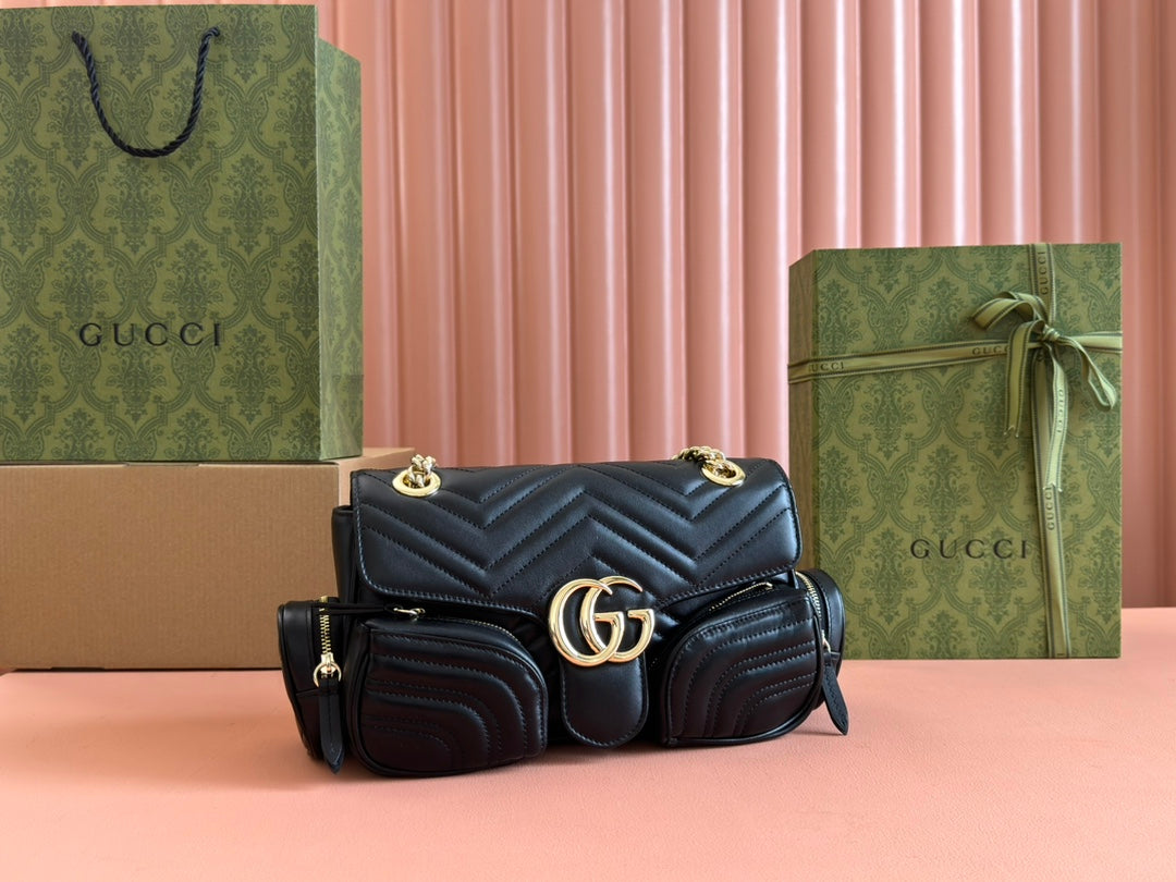 GUCCI MARMONT SMALL MULTI-POCKET BAG 25 IN BLACK CALFSKIN GOLD HARDWARE