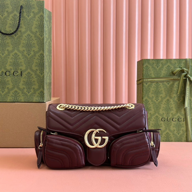 GUCCI MARMONT SMALL MULTI-POCKET BAG 25 IN CURRANT RED CALFSKIN GOLD HARDWARE