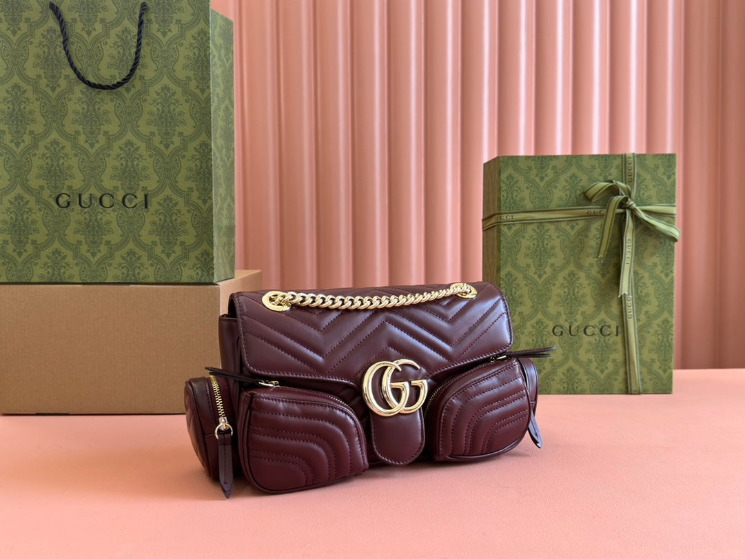 GUCCI MARMONT SMALL MULTI-POCKET BAG 25 IN CURRANT RED CALFSKIN GOLD HARDWARE