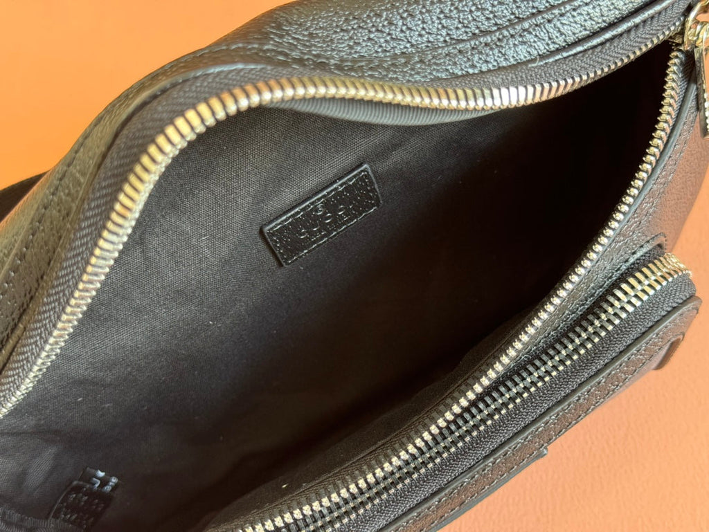 GUCCI SMALL BELT BAG 29 IN BLACK CALFSKIN AND DARK GRAY MONOGRAM CANVAS