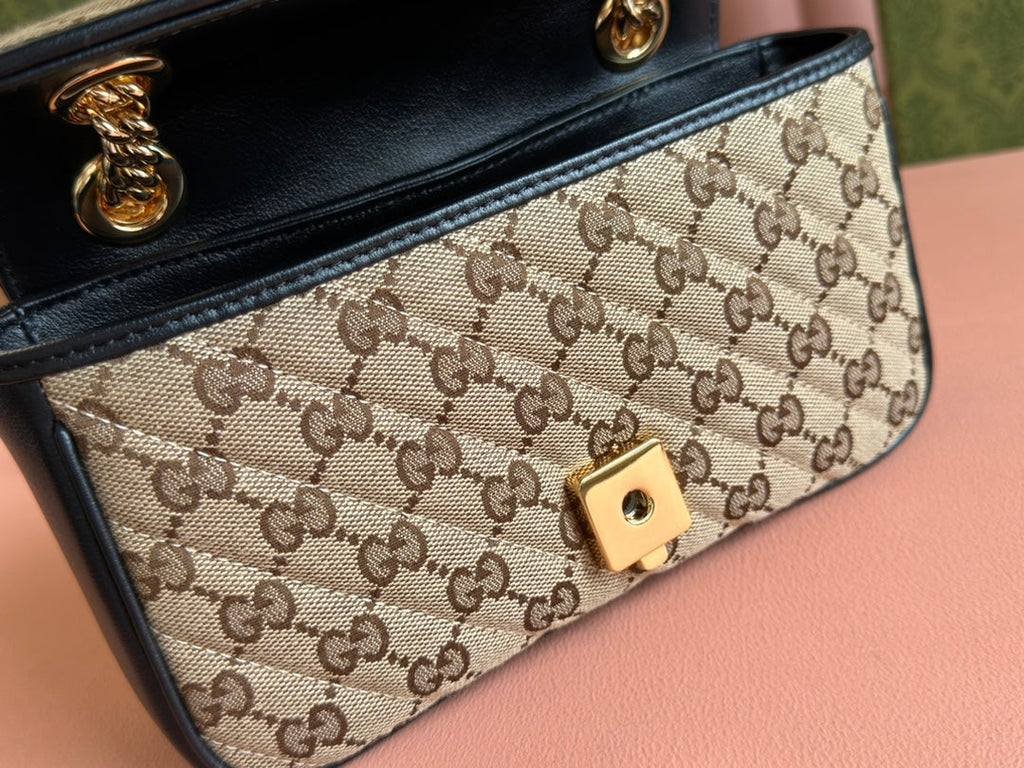 GUCCI MARMONT MEDIUM SHOULDER BAG 22 IN BEIGE AND BROWN  CANVAS BLACK CALFSKIN