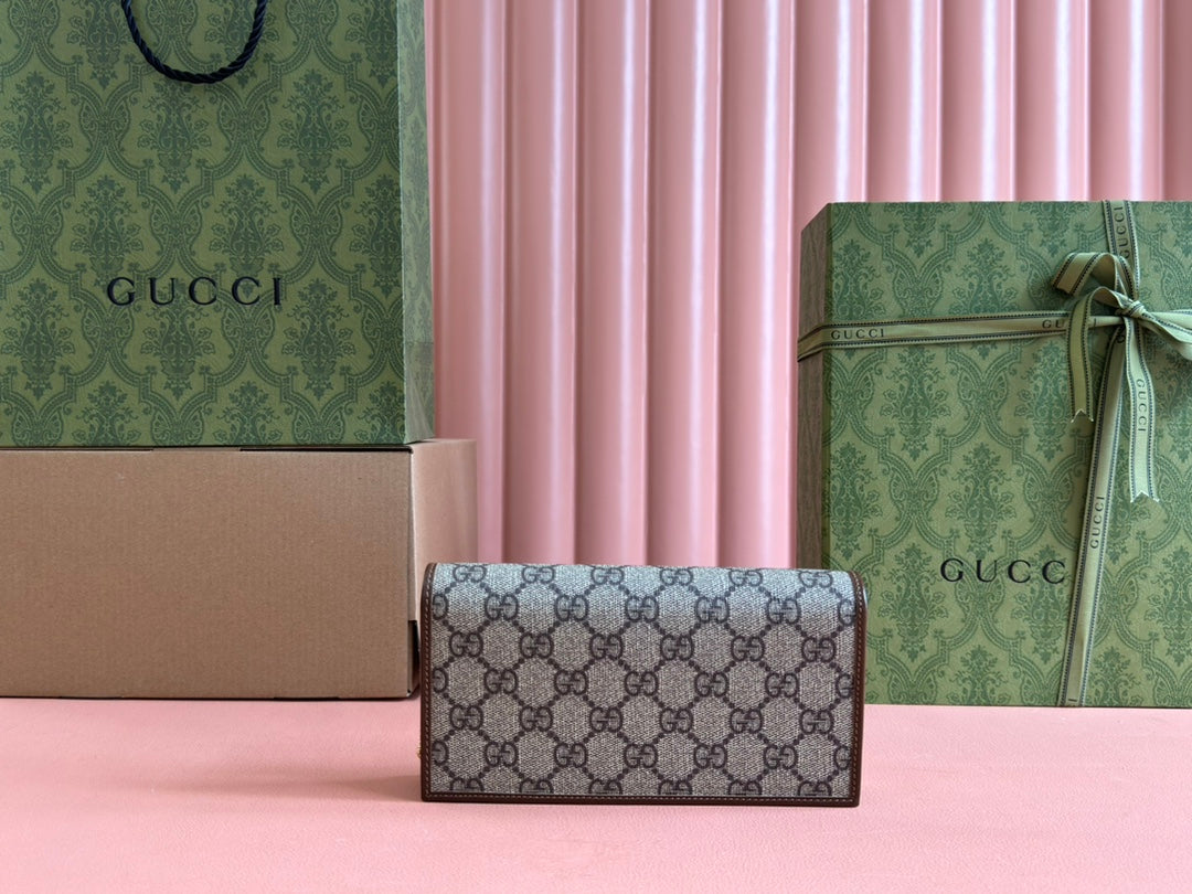 GUCCI HORSEBIT 1955 WALLET IN BEIGE EBONY CANVAS MIX BROWN CALFSKIN GOLD CHAIN