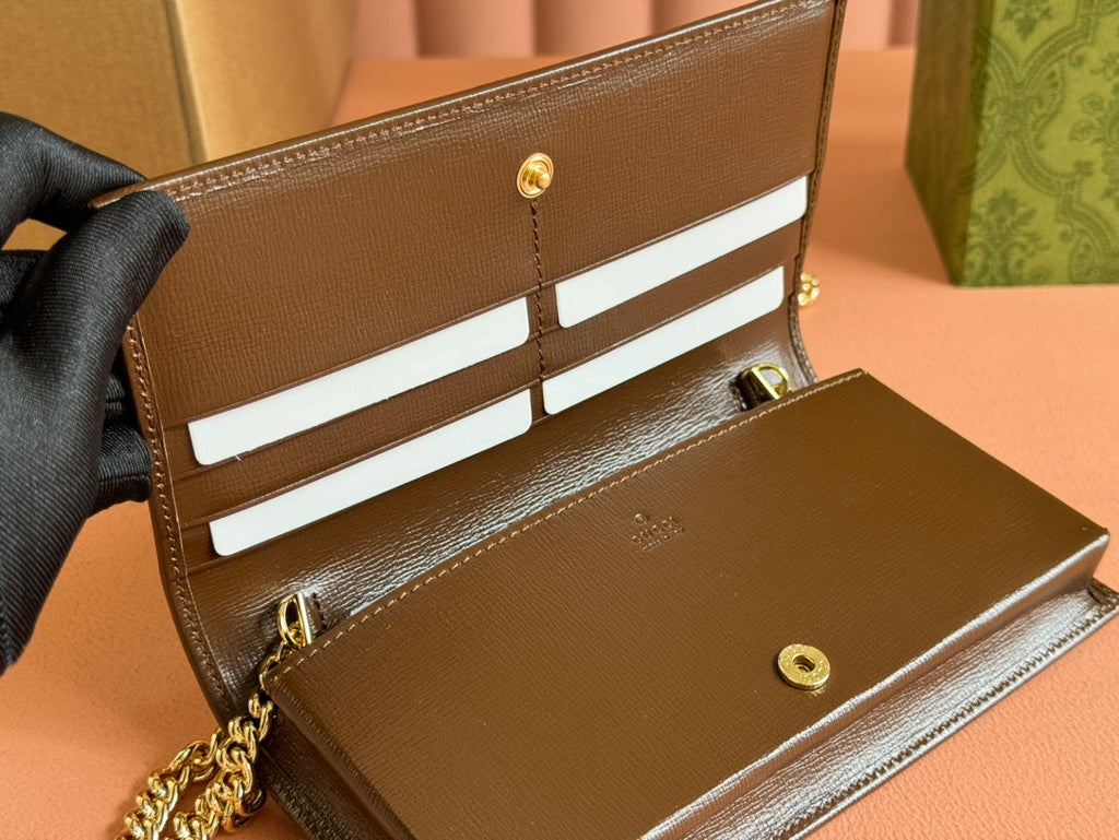 GUCCI HORSEBIT 1955 WALLET IN BEIGE EBONY CANVAS MIX BROWN CALFSKIN GOLD CHAIN