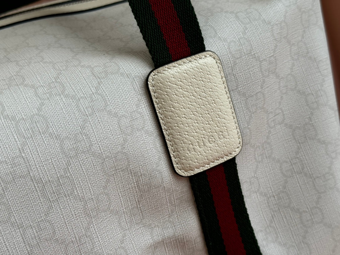 GUCCI MEDIUM DUFFLE BAG WITH WEB 47 IN WHITE SOFT  CALFSKIN