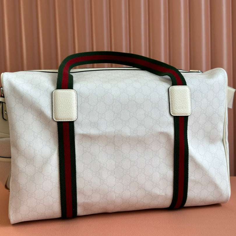 GUCCI MEDIUM DUFFLE BAG WITH WEB 47 IN WHITE SOFT  CALFSKIN