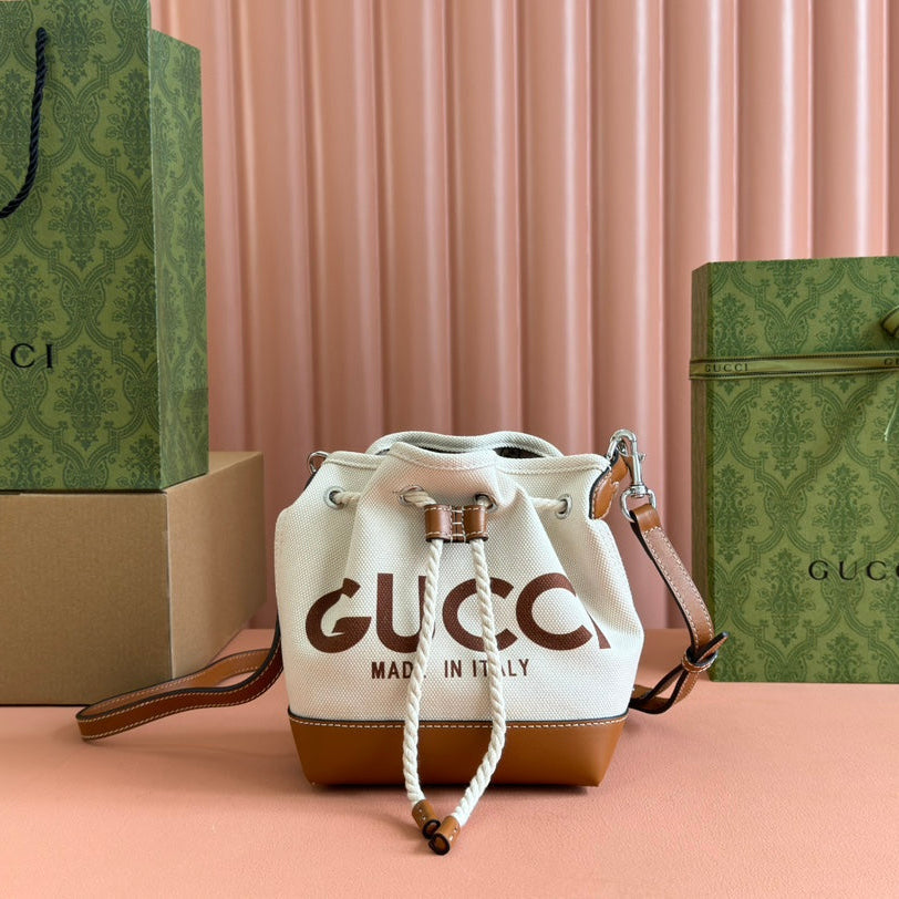 GUCCI SMALL DRAWSTRING SHOULDER BAG 21 IN WHITE CANVAS BROWN CALFSKIN