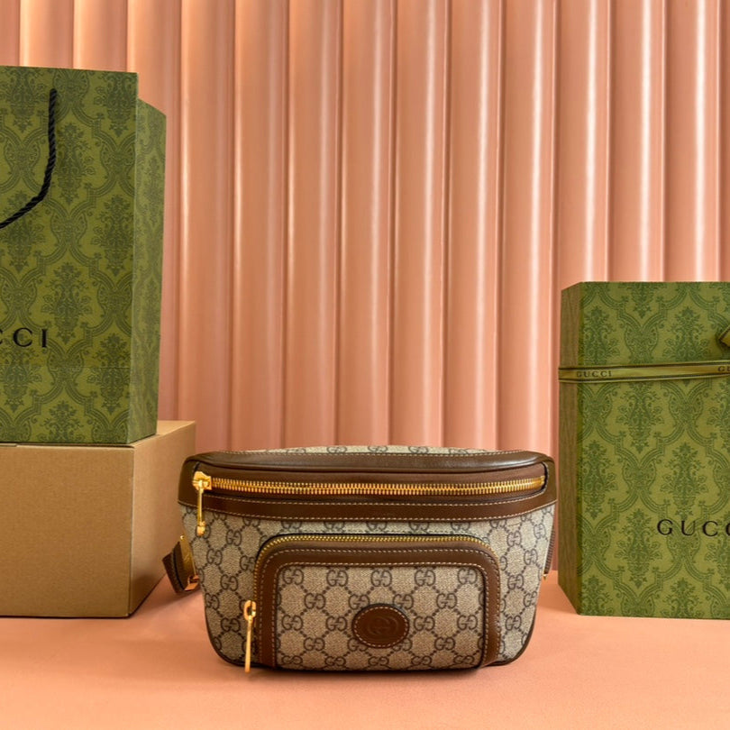 GUCCI OPHIDIA BELT BAG 28 IN BROWN AND BEIGE  CALFSKIN