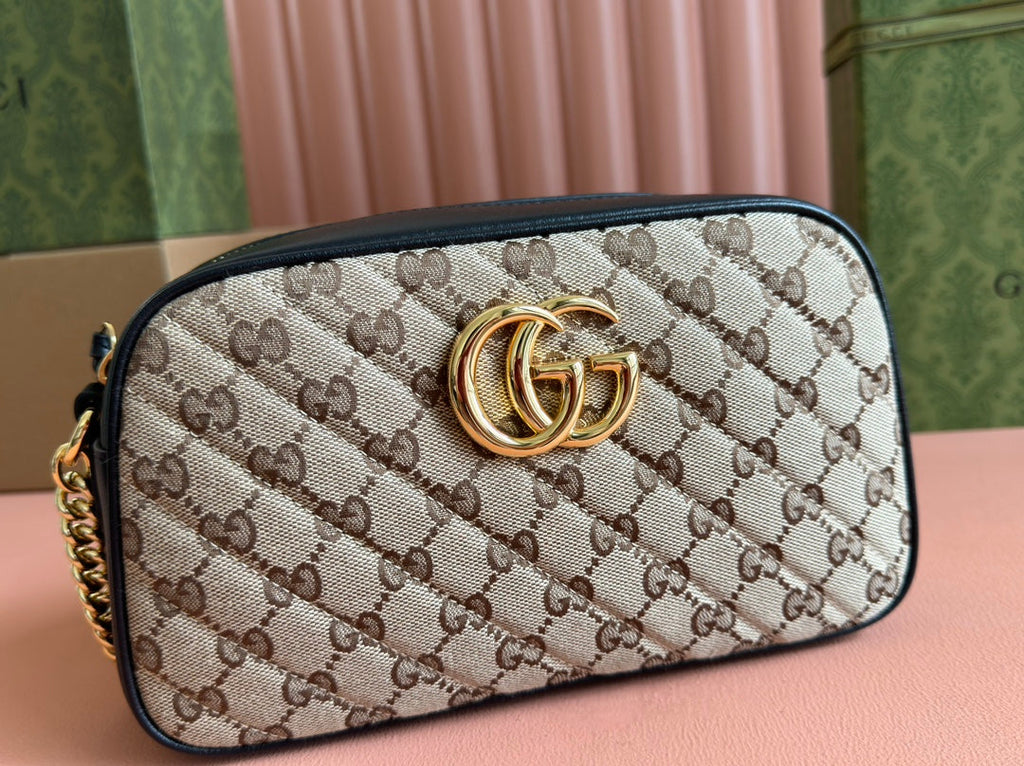 GUCCI MARMONT MEDIUM SHOULDER BAG 24 IN BEIGE AND BROWN  CANVAS BLACK CALFSKIN