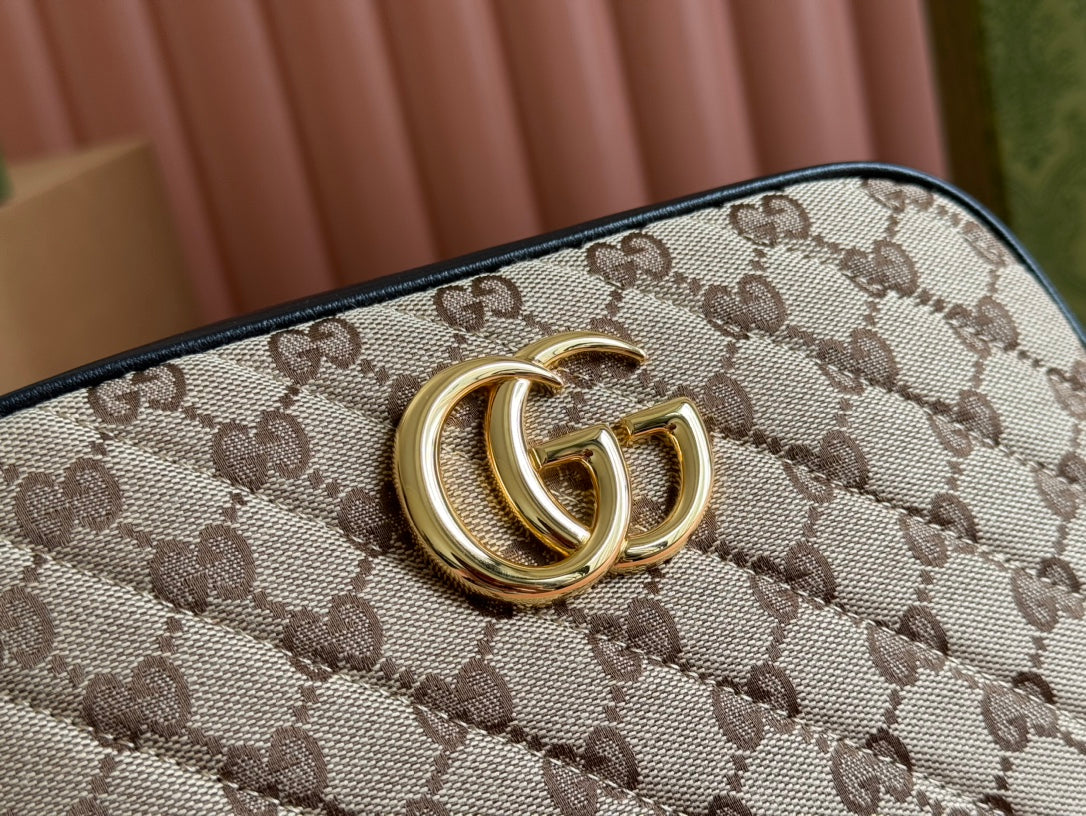 GUCCI MARMONT MEDIUM SHOULDER BAG 24 IN BEIGE AND BROWN  CANVAS BLACK CALFSKIN