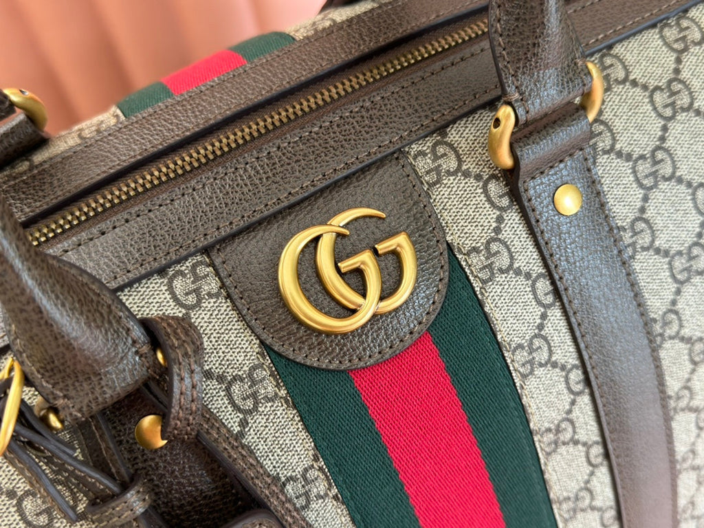 GUCCI SAVOY LARGE DUFFLE BAG 50 IN BEIGE AND EBONY  SUPREME CANVAS