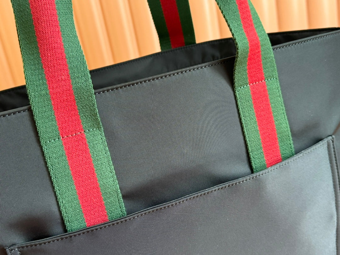 GUCCI WEB STRIPE-STRAP TOTE BAG 45 IN BLACK CANVAS