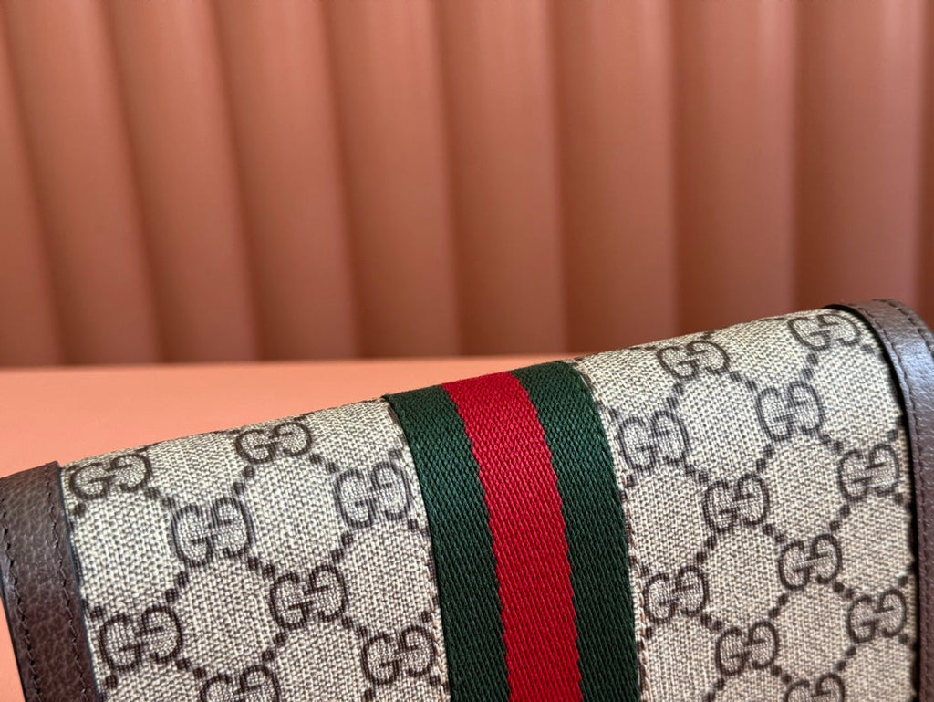 GUCCI OPHIDIA WALLET ON GOLD CHAIN 19 IN BEIGE AND DARK BROWN CANVAS AND BROWN CALFSKIN