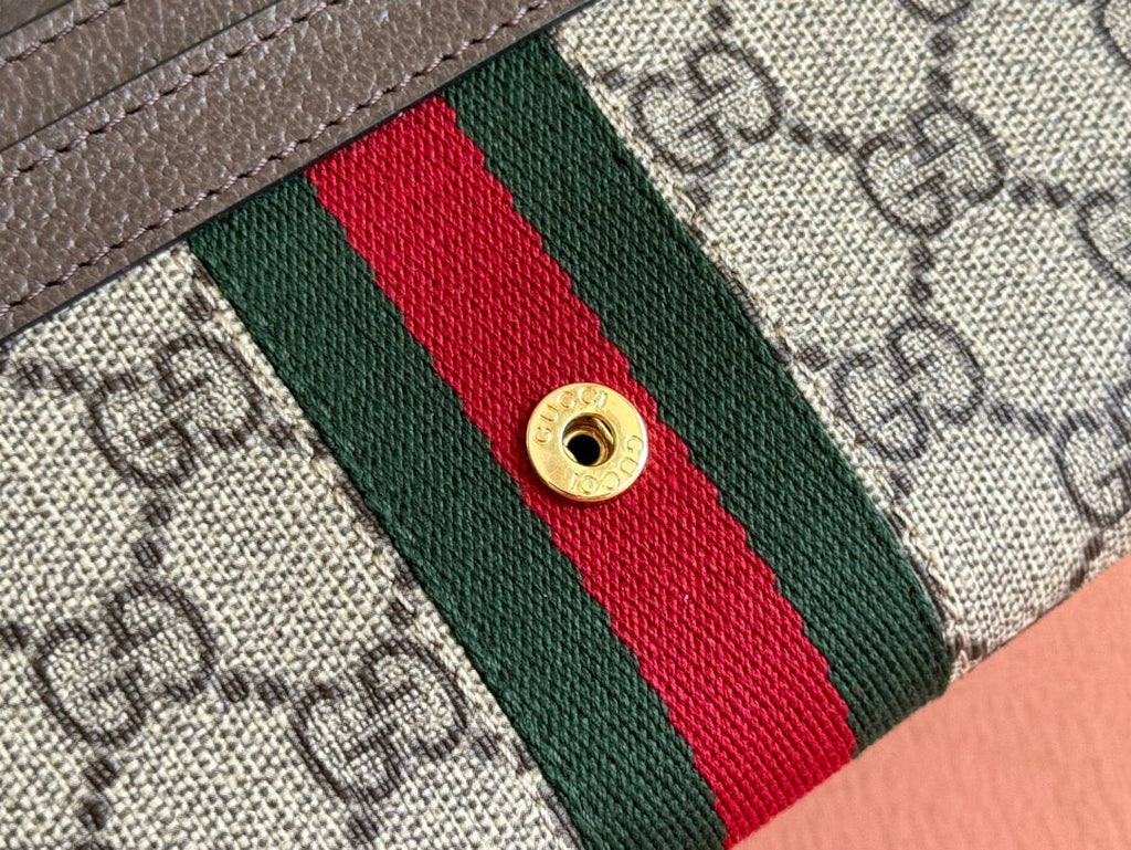 GUCCI OPHIDIA WALLET ON GOLD CHAIN 19 IN BEIGE AND DARK BROWN CANVAS AND BROWN CALFSKIN