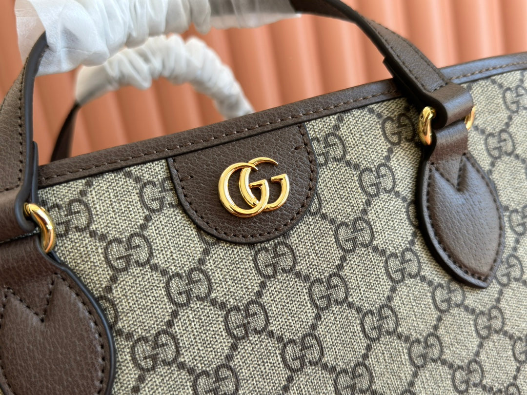 GUCCI OPHIDIA MEDIUM TOTE BAG 38.5 BEIGE CANVAS AND BROWN CALFSKIN