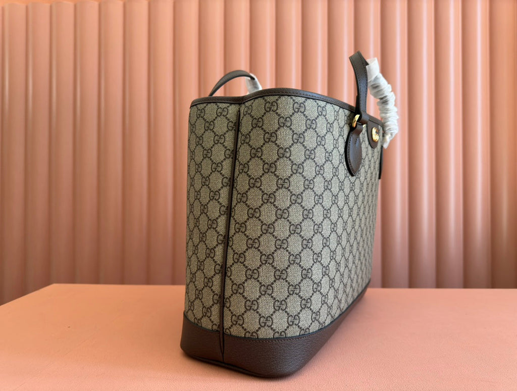 GUCCI OPHIDIA MEDIUM TOTE BAG 38.5 BEIGE CANVAS AND BROWN CALFSKIN