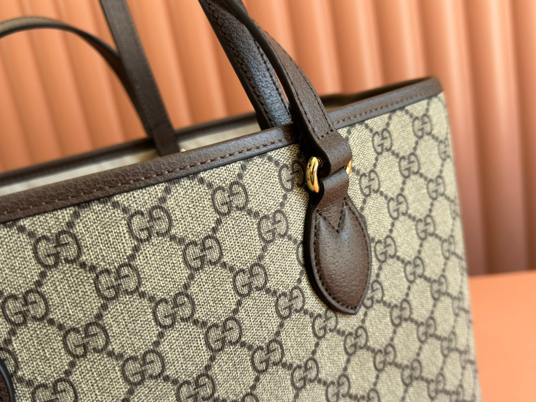 GUCCI OPHIDIA MEDIUM TOTE BAG 38.5 BEIGE CANVAS AND BROWN CALFSKIN